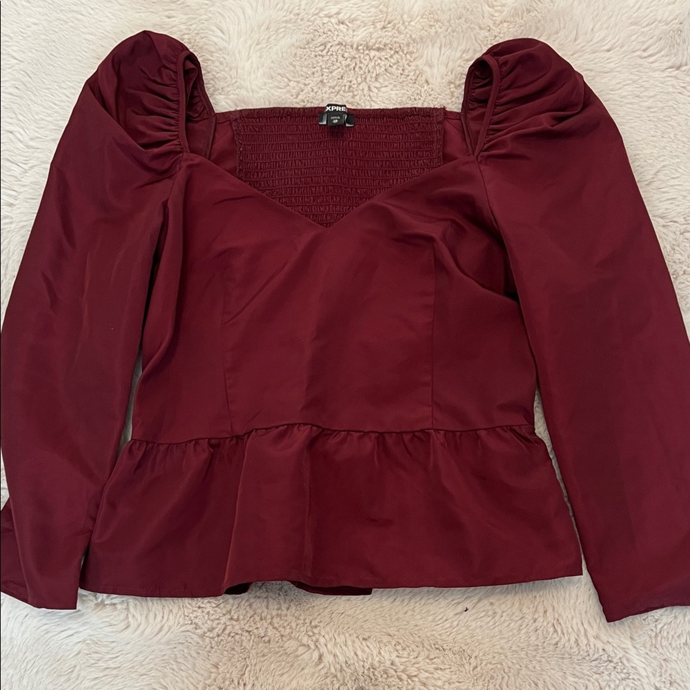 Express Burgundy Puff Sleeve Peplum Top